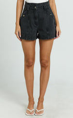 Kayla Shorts - High Waisted A Line Denim Shorts in Washed Black