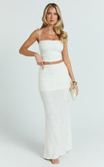 Kayrene Two Piece Top and Skirt Set - Straight Neck Top And Ruched Low Rise Maxi Skirt in Cream