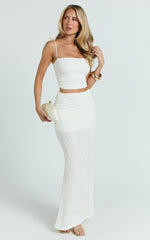 Kayrene Two Piece Top and Skirt Set - Straight Neck Top And Ruched Low Rise Maxi Skirt in Cream