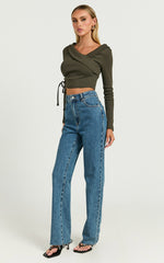 Keisha Top - Asymmetrical Long Sleeve Drawstring Top in Dark Olive