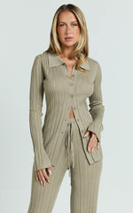 Kelsey Top - Button Through Long Sleeve Knitted Top in Taupe