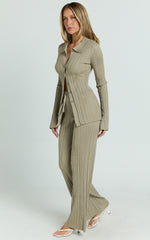 Kelsey Top - Button Through Long Sleeve Knitted Top in Taupe