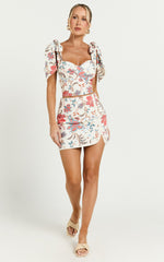 Kelsie Mini Skirt - Linen Mid Waist Side Split Skirt in Summer Chintz