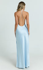 Kendall Maxi Dress - Satin Scoop Neck Low Back Bias Cut Dress in Blue