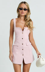 Kenna Mini Dress - Square Neck Button Down Mini Dress in Pink