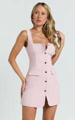 Kenna Mini Dress - Square Neck Button Down Mini Dress in Pink