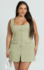Kenna Mini Dress - Square Neck Button Down Mini Dress in Sage