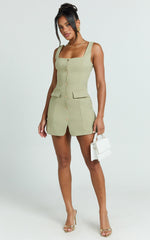 Kenna Mini Dress - Square Neck Button Down Mini Dress in Sage