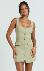 Kenna Mini Dress - Square Neck Button Down Mini Dress in Sage