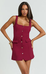 Kenna Mini Dress - Square Neck Button Down Mini Dress in Wine