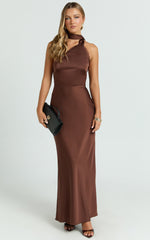 Keryn Maxi Dress - Open Back Shoulder Detailing Dress in Chocolate