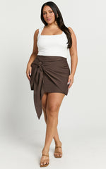 Kerzi Mini Skirt - Tie Front Wrap Skirt in Dark Brown