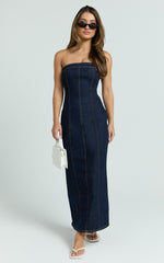 Keziah Maxi Dress - Denim Strapless Bodycon Dress in Indigo Wash