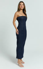 Keziah Maxi Dress - Denim Strapless Bodycon Dress in Indigo Wash