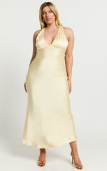 Khalani Midi Dress - Deep V Neck Satin Slip Dress in Butter Yellow