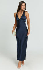 Khalani Midi Dress - Deep V Neck Satin Slip Dress in Navy