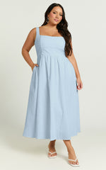Khari Midi Dress - Linen Look Square A Line Dress in Blue