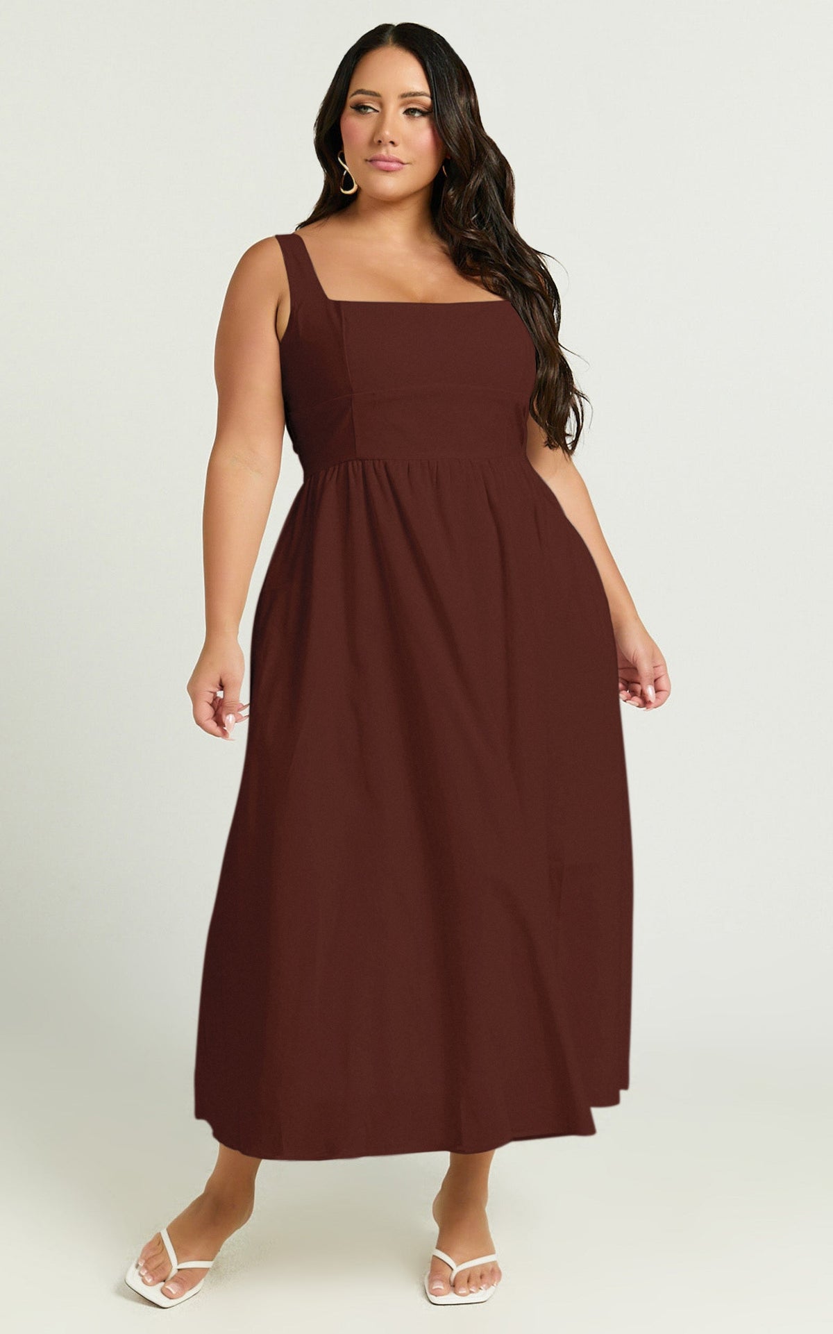 Khari Midi Dress - Linen Look Square A Line Dress in Chocolate