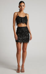 Khrizza Mini Skirt - Sequin Diamond Mesh Skirt in Black