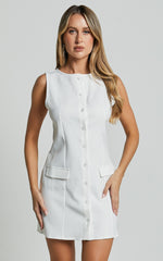 Kiara Mini Dress - Scoop Neck Button Down Dress in White