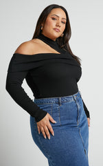 Kiefer Top - Asymmetric Long Sleeve Cutout Top in Black