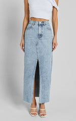 Kira Midi Skirt - Front Split Denim Skirt in Light Blue Wash