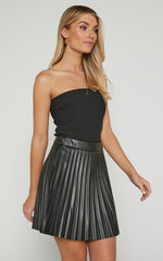 Kiva Mini Skirt - Faux Leather High Waisted Pleated Skirt in Black
