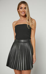 Kiva Mini Skirt - Faux Leather High Waisted Pleated Skirt in Black