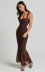 Kody Midi Dress - Bodycon Ruched Mesh Cut Out Dress in Chocolate