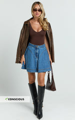 Koemi Skirt - High Waisted Denim Flare in Mid Blue Wash
