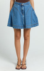 Koemi Skirt - High Waisted Denim Flare in Mid Blue Wash