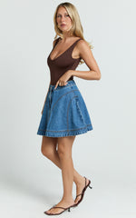 Koemi Skirt - High Waisted Denim Flare in Mid Blue Wash