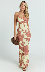 Krishna Maxi Dress - Strappy Scoop Neck Floral Placement Print Georgette Dress in Lemon Bouquet Di Fiori Print