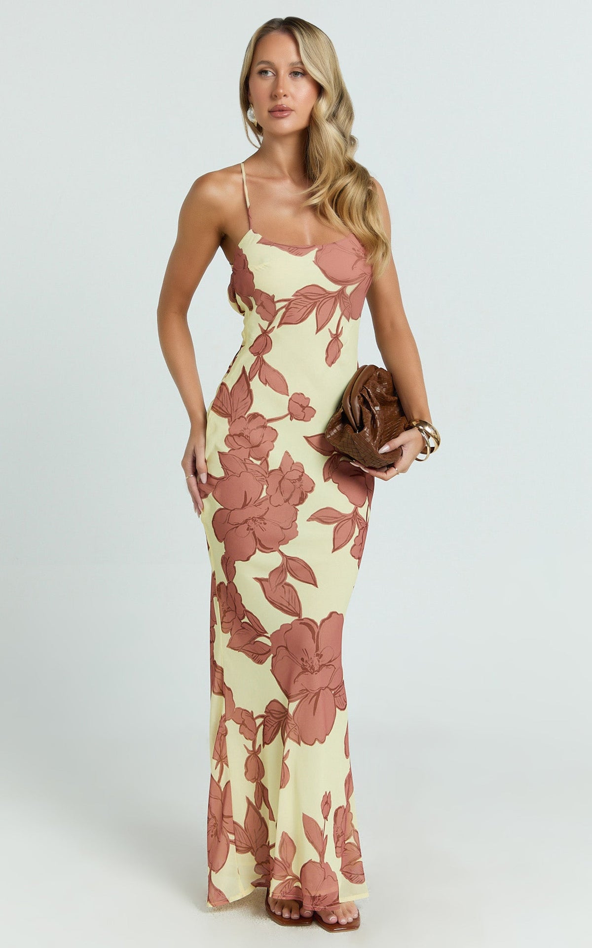 Krishna Maxi Dress - Strappy Scoop Neck Floral Placement Print Georgette Dress in Lemon Bouquet Di Fiori Print