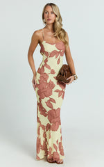 Krishna Maxi Dress - Strappy Scoop Neck Floral Placement Print Georgette Dress in Lemon Bouquet Di Fiori Print