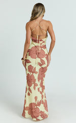 Krishna Maxi Dress - Strappy Scoop Neck Floral Placement Print Georgette Dress in Lemon Bouquet Di Fiori Print