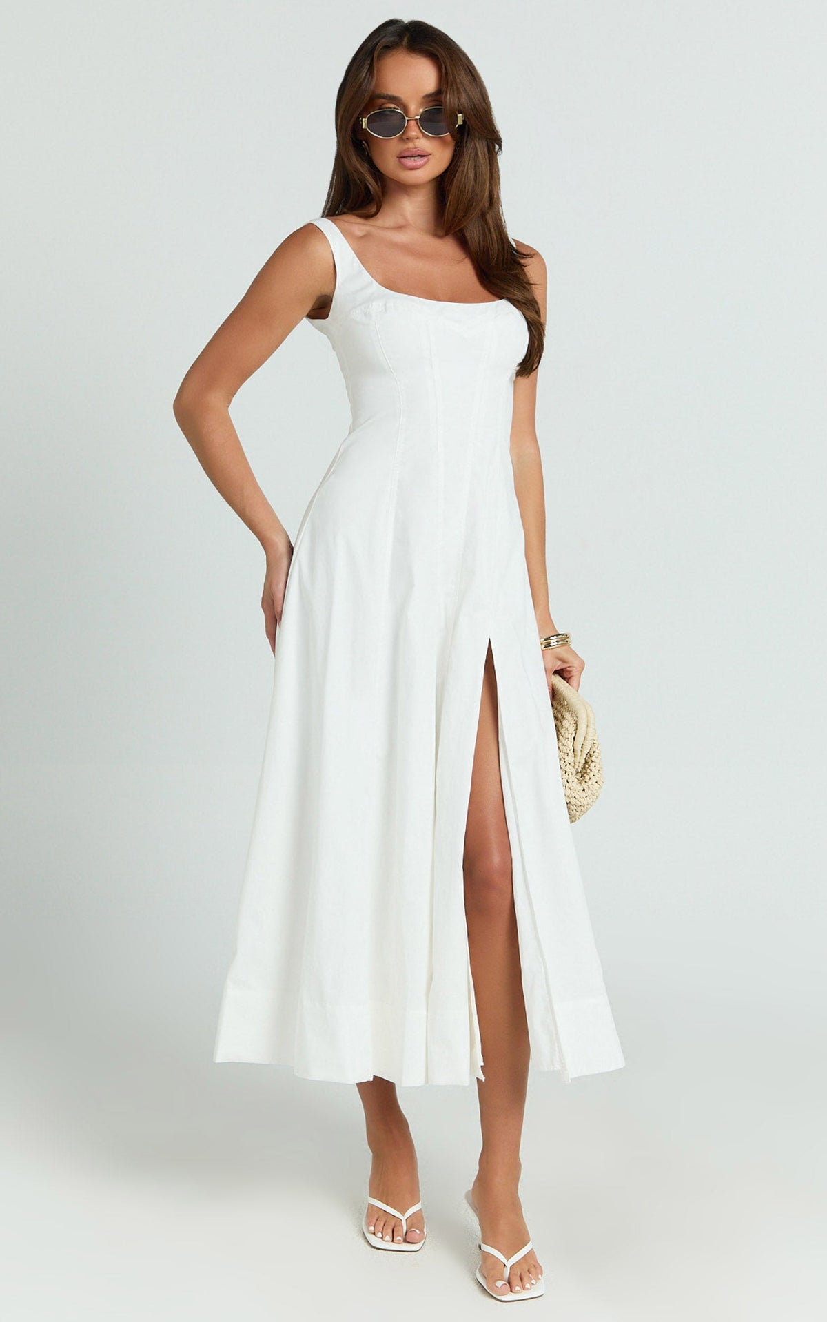 Kristi Midi Dress - Scoop Neck Fit And Flare Dress in Off White