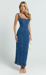 Kristie Maxi Dress - Wide Neck Corset Detail Denim Dress in Dark Blue Wash