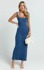 Kristie Maxi Dress - Wide Neck Corset Detail Denim Dress in Dark Blue Wash