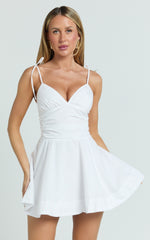 Kristy Mini Dress - V Neck Tie Bust A Line Dress in White