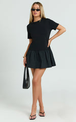 Kym Mini Dress - Tee Shirt Top Drop Waist Gathered Full Skirt Dress in Black