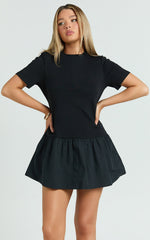 Kym Mini Dress - Tee Shirt Top Drop Waist Gathered Full Skirt Dress in Black