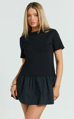 Kym Mini Dress - Tee Shirt Top Drop Waist Gathered Full Skirt Dress in Black