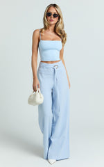 Kyra Pants - Linen Look Belted Wide Leg Pants in Blue