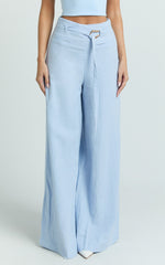 Kyra Pants - Linen Look Belted Wide Leg Pants in Blue