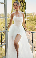 Kelsey Mini Dress - Beaded Strapless Corset Panel Dress with Detachable Tulle Skirt in White