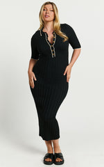 Lada Midi Dress - Short Sleeve Button Front Knit Dress in Black