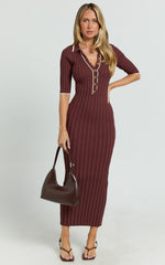 Lada Midi Dress - Short Sleeve Button Front Knit Dress in Chocolate