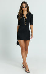 Lada Mini Dress - Short Sleeve Button Front Knit Dress in Black