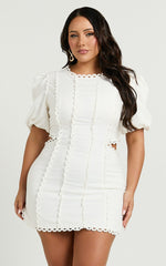 Laila Mini Linen Blend Dress - High Neck Side Cut Out Puff Sleeve Straight Dress in Off White